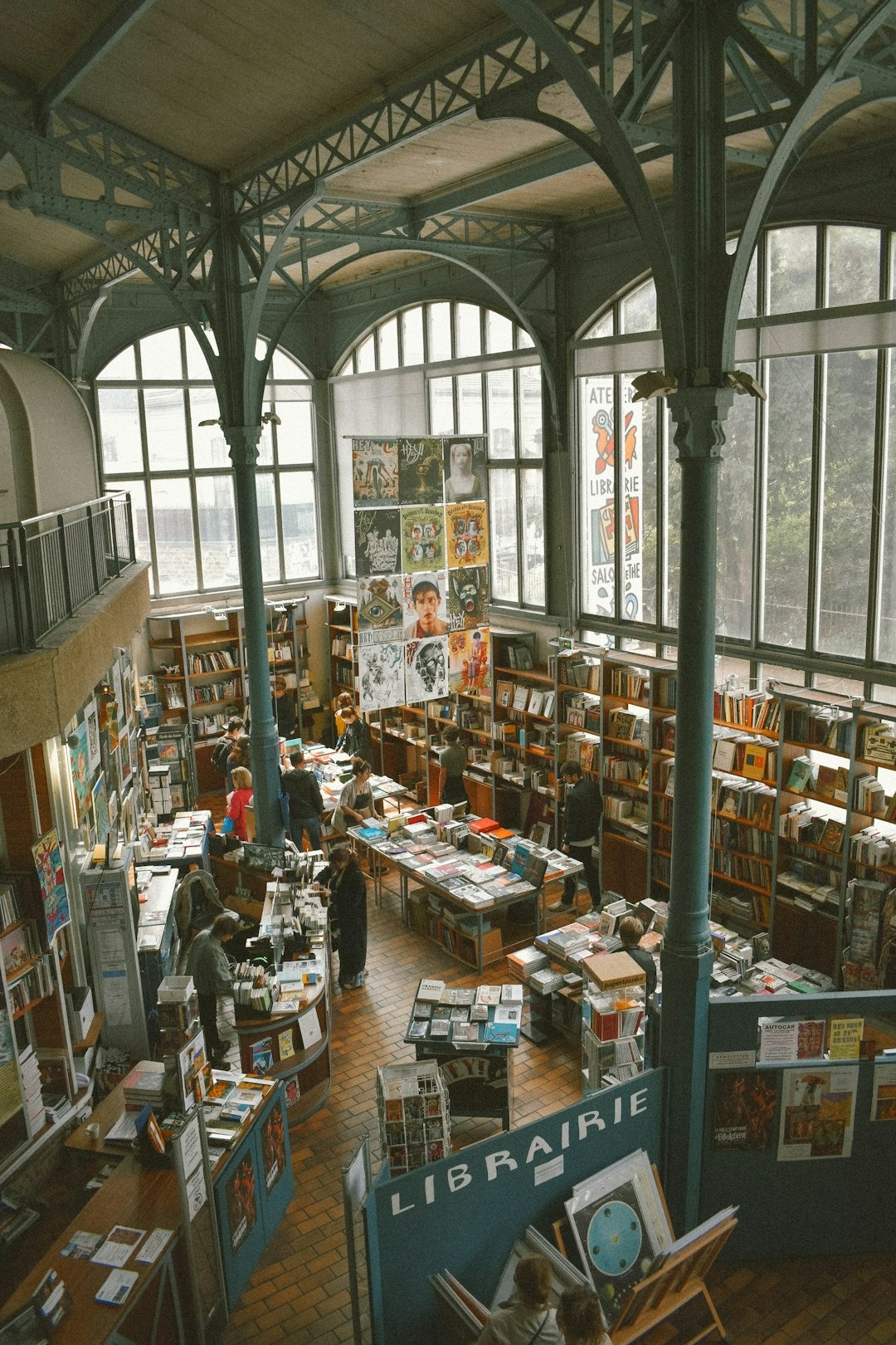 overlooking a bookstore interior with decorative archways